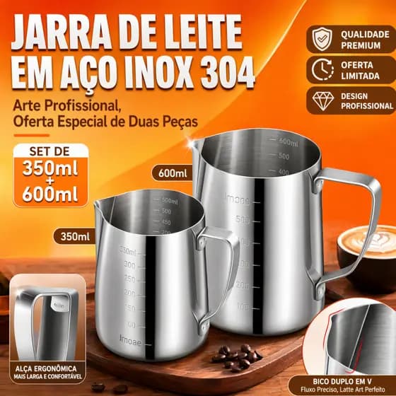 Leiteira para Latte Art em Aço Inoxidável 350ml ou 600ml - Bico Fino para Barista