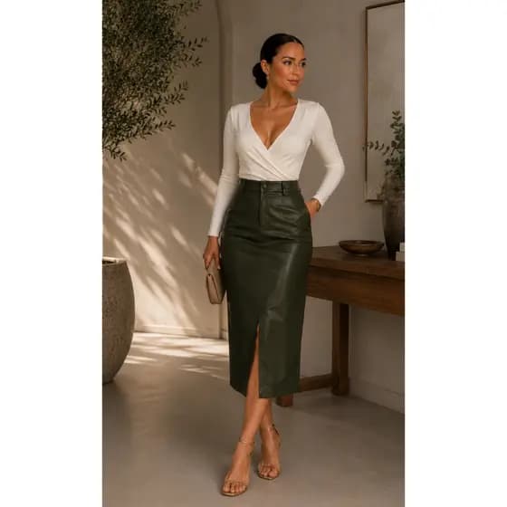 Saia Midi lapis de Couro Premium Feminina – Alta Qualidade, Elegante, Diversas Cores e Tamanhos (P ao GG)