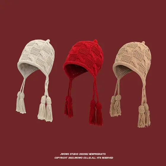 Ano novo chapéu vermelho feminino outono inverno quente artesanal lã borla pulôver chapéu torção trança proteção de orel