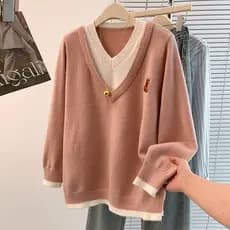 High-End contraste cor falso camisola de duas peças malhas feminino outono inverno 2025 novo estilo engrossado Plus Size