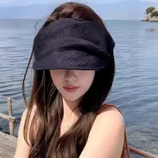 2026 novo estilo chapéu de gaze plissado preto vazio topo chapéu de sol feminino verão protetor solar chapéu de sol viag