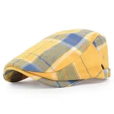 Americano Retro amarelo xadrez reverso boina chapéu feminino dopamina frente chapéu grande circunferência da cabeça pico