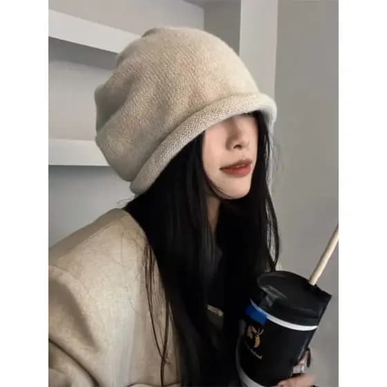 Mostrando rosto chapéu de pilha pequena outono inverno feminino 2025 influenciador novo estilo chapéu de lã versão corea