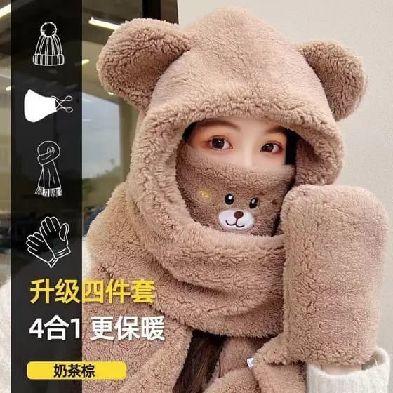 Máscara de urso conjunto de quatro peças chapéu inverno feminino chapéu cachecol proteção de orelha chapéu de malha de p