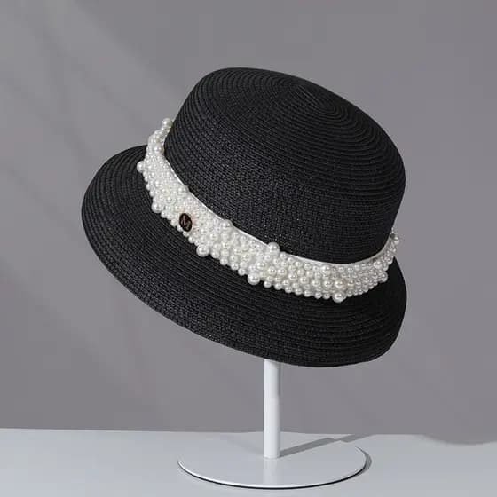 Chapéu de palha de aba pequena estilo Hepburn francês feminino verão praia chapéu de sol M etiqueta pérola bacia chapéu