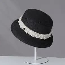 Chapéu de palha de aba pequena estilo Hepburn francês feminino verão praia chapéu de sol M etiqueta pérola bacia chapéu