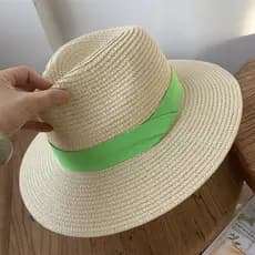 Chapéu de palha com cinto verde fluorescente fresco, chapéu feminino para viagem de verão, praia, guarda-sol, chapéu de