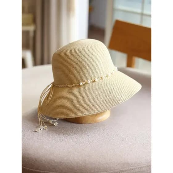 Primavera verão férias estilo pérola palha corda arco de aba larga dobrável balde chapéu pote chapéu moda chapéu de palh