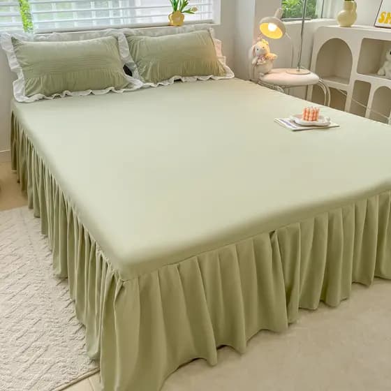 Saia de cama de renda de folha de lótus estilo coreano, peça única, algodão lavado verde, capa escovada, colcha feia com