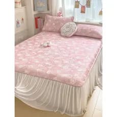 Saia de cama estilo princesa francesa, tapete fresco de seda gelada, conjunto de três peças, colcha antiderrapante, ar c