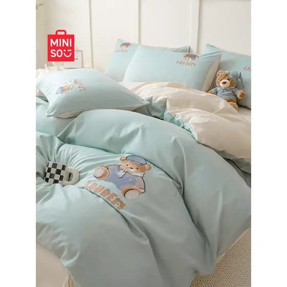 Conjunto de quatro peças de algodão lavado MINISO 100 algodão puro capa de edredão lençol estilo dormitório estudante co