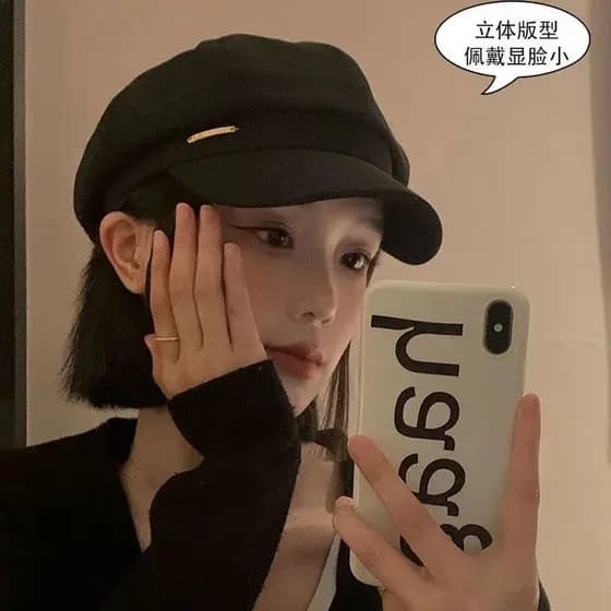 Boina de pico preto feminino 2025 primavera outono estilo japonês rosto redondo mostrando rosto pequeno Retro octogonal