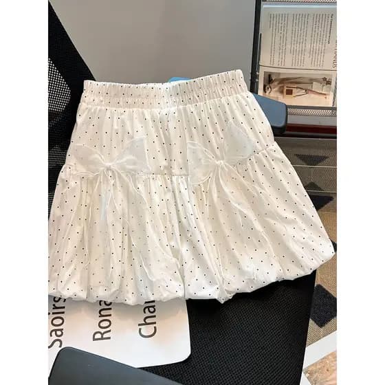 PANiaANiA PANiA Pato Polka Dot Bowknot Meio Comprimento Saia Linha A Feminina Verão Cintura Alta Anti-Exposição