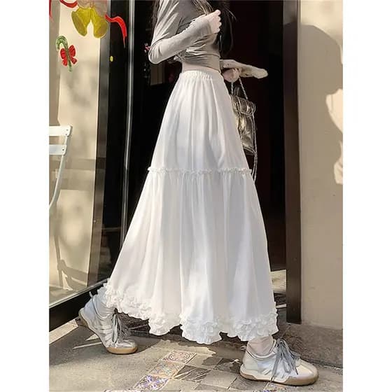Saia branca feminina primavera verão fina novo estilo renda bolo saia longa cintura alta saia de fadas A linha saia long