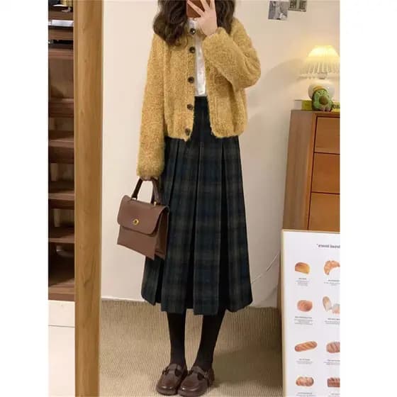 Saia plissada xadrez Retro saia de lã feminina outono inverno novo estilo combinando camisola amarela terno de duas peça