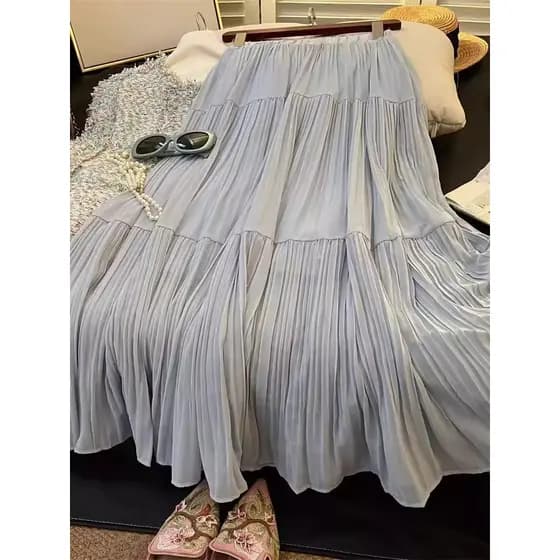 Chiffon saia plissada feminina verão fino cintura elástica Drape plissado grande bainha saia de comprimento médio a linh