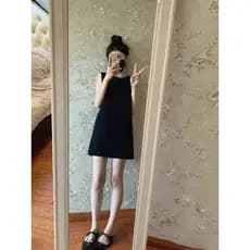 Preto sem mangas vestido feminino verão fino High-End sentimento curto bolso colete saia em torno do pescoço elegante pe