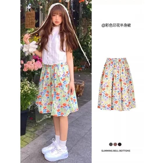 Dopamina estilo Pastoral saia Floral feminina verão novo estilo a linha grande bainha guarda-chuva saia enorme linda sai