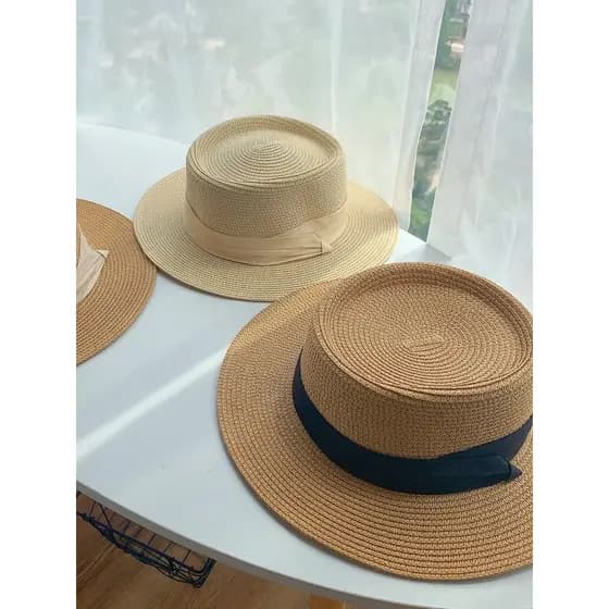 Chapéu de aba plana feminino verão beira-mar chapéu de palha plana praia férias francesas guarda-sol protetor solar pana