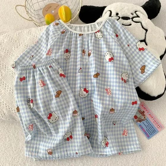 Verão nuvem algodão pijamas feminino bonito dos desenhos animados em torno do pescoço Shorts de manga curta tamanho gran