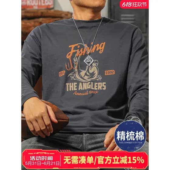 Jiyan 2025 novo estilo Popular deste ano camiseta masculina de manga comprida americana Retro pesca impressão camisa de