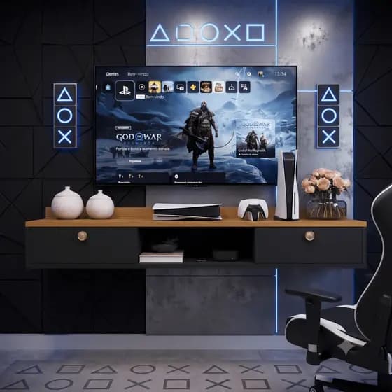 Rack Aparador Games Suspenso Para Video Game Com Porta Gaveta Bancada TV 114
