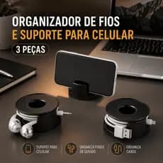 Kit 3 Organizadores de Cabos e Suporte para Celular Retrátil Multifuncional Plasútil