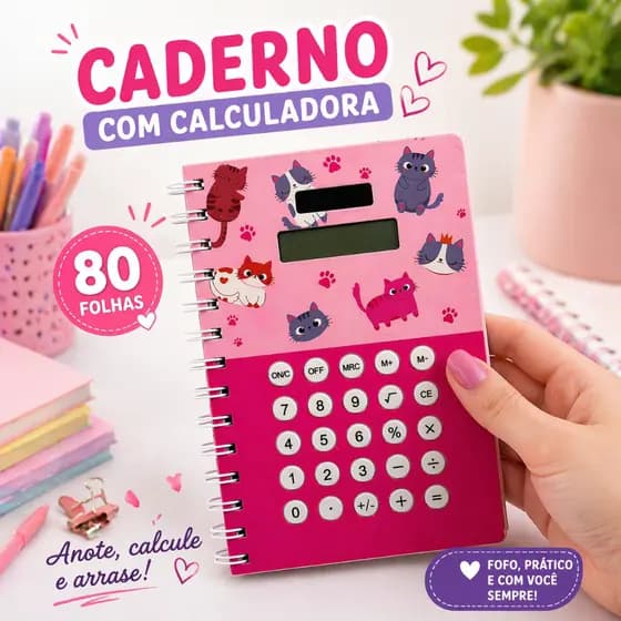 Caderno Espiral com Calculadora 80 Folhas Compacto Gatinhos