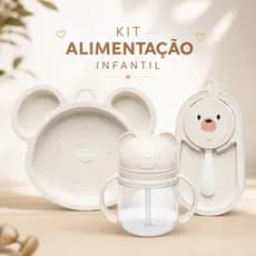 Kit Alimentação Infantil 4 Peças com Prato, Copo com Canudo e Porta Papinha Urso Bege