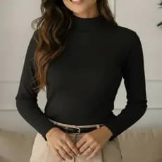 Blusa Feminina Gola Alta Manga Longa Canelada Ribana