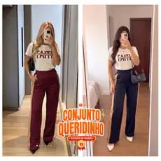Conjunto Feminino Moletom Luxo Blusa + Calça Pantalona Faixa Lateral Moda Casual Chic Elegante Algodão