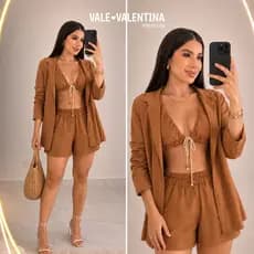 Conjunto Feminino 3 Peças Blazer Top Shorts Linho Elegante Casual  Verão Premium Lançamento Tendência Confortável  Luxo