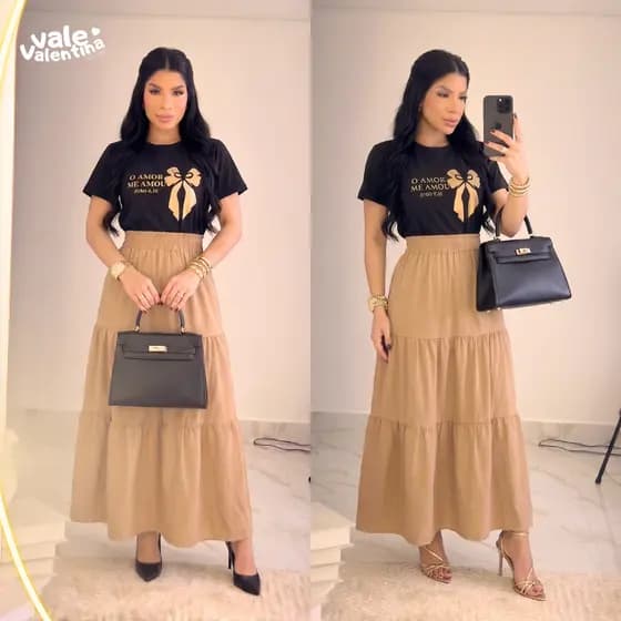 Conjunto Feminino Evangélico Alfaiataria Modesta | Saia longa+ Blusa 100% Algodão | Elegante, Chic, Culto e Dia