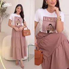 Conjunto Feminino Alfaiataria Modesta | Saia longa+ Blusa 100% Algodão | Elegante, Chic, Culto e Dia a dia