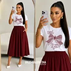 Conjunto Feminino Saia Midi zero transparência + Blusa Algodão Evangélico Elegante Roupa para Igreja Culto Dia a Dia
