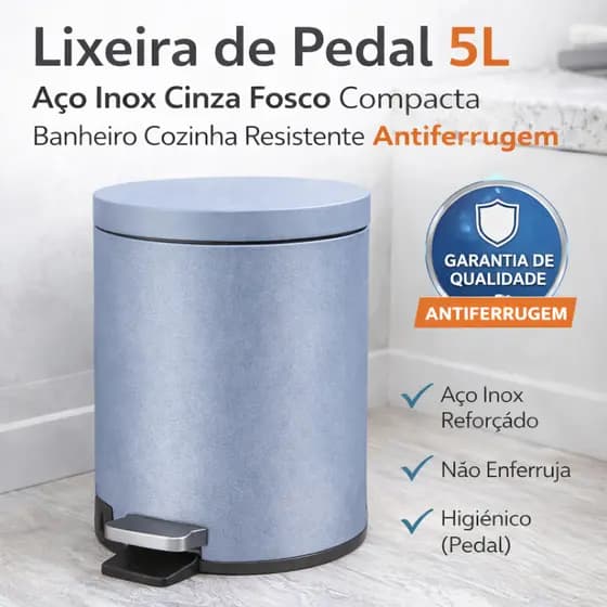 Lixeira de Pedal 5L Aço Inox Cinza Fosco Compacta Banheiro Cozinha Resistente Antiferrugem