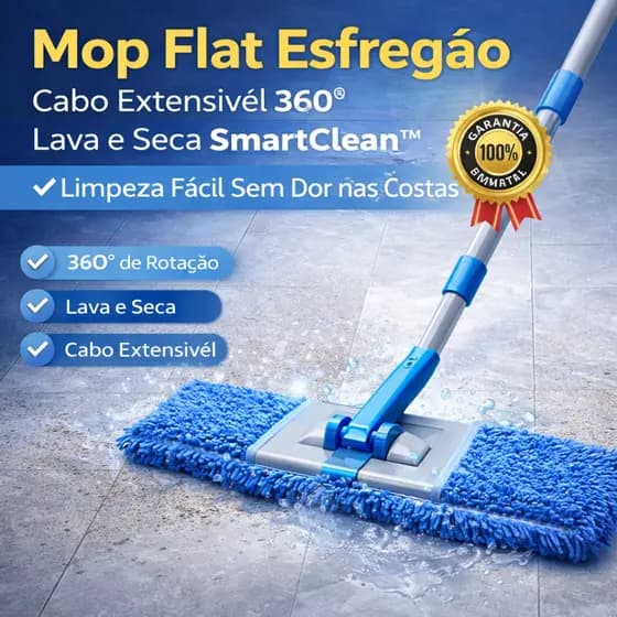 Mop Flat Esfregão Cabo Extensível 360° Lava e Seca SmartClean™ Limpeza Fácil Sem Dor nas Costas