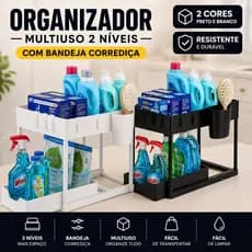 Organizador Multiuso 2 Níveis com Bandeja Corrediça Preto e Branco | Organizador de Pia Cozinha