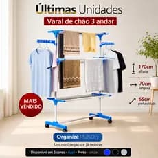 Varal de Chão Dobrável com Rodas 3 Andares 48kg Grande Porta Roupas Secador Organizador Lavanderia