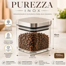 Pote Hermetico Quadrado Vidro Tampa Inox 700ml Vedacao Conservacao Alimentos café açucar cereais