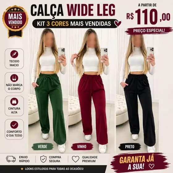 Kit 3 Calça Pantalona de Lanzinha Cintura Alta com Bolso Inverno Elegante