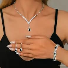 Conjunto de colar e brincos com pingente preto feminino, adequado para casamento, conjunto de joias 3 em 1