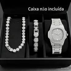Conjunto Relógio e Pulseira Masculina Com Cristais De Gelo Brilhante Para Homens