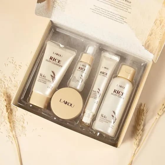 Conjunto de cinco peças para cuidados com a pele de arroz diurno contém creme hidratante, fórmula Natural de plantas, co