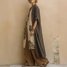 Novo estilo feminino solto bordado Robe terno, calças casuais de perna larga terno de duas peças