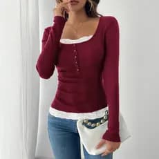 Top feminino de malha de manga comprida, gola quadrada com botões, Design de costura de renda, moda justa