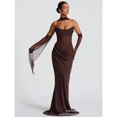 Vestido feminino de duas peças para festa, saia longa, costura de gaze superior em tubo, versão elegante adequada para t