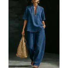 Terno jeans casual retrô de tamanho grande, calças Plus de manga curta com decote em V, estilo retrô casual, roupas femi