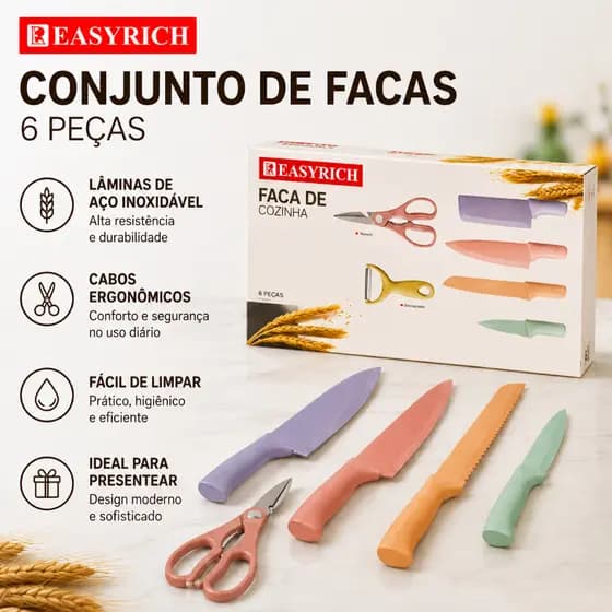 Conjunto de Facas Easyrich 6 Peças Aço Inoxidável Coloridas com Tesoura e Descascador