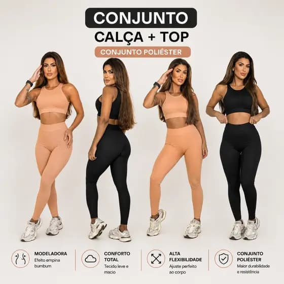 Conjunto Fitness Feminino Poliéster Top Camiseta + Calça Academia Treino Elastano Alta Elasticidade Confortável